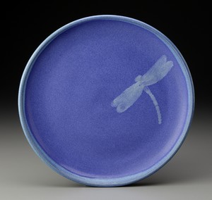 Dragonfly Dinner Plate - Stoneware glazed in cobalt blue, trimmed in green, hand painted dragonfly